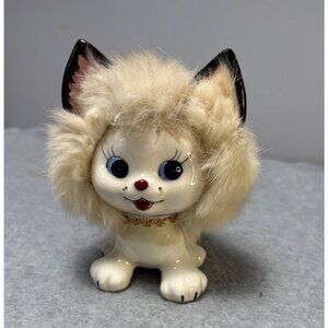 Vintage Furry Ceramic Cat Figurine by UCAGCO Porcelain Japan Kitschy 5.5" 1950s